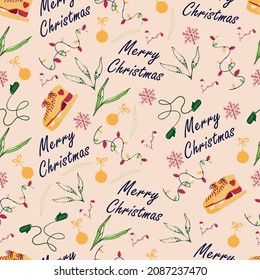 Christmas pattern with garlands and plants. Inscription Merry Christmas. Skates and mittens on a shoelace. Christmas balls with a bow.