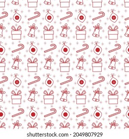 Christmas pattern. Gift box, balloons and bells, sweet cane. Outline illustration. For use in postcards, prints, flyers, invitations, covers, packaging. Vector illustration isolated on white