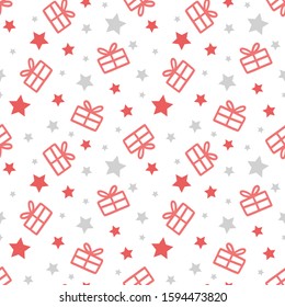 Christmas pattern with gift box and stars. Holiday background for packing paper, walls. Red gift boxes on white background