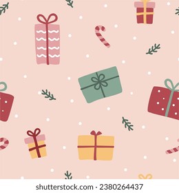 Christmas pattern. Gift boxes on a pink background. Seamless pattern.