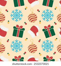 Christmas pattern with gift boxes, ornaments, and snowflakes, Vector