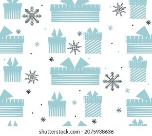 Christmas pattern, gift boxes, packaging, souvenirs, surprises, presents, snowflake decor, flakes. Seamless vector illustration for wrapping paper design, banners, sales.