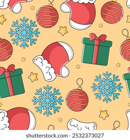 Christmas pattern with gift boxes, snowflakes, and ornaments, Vector