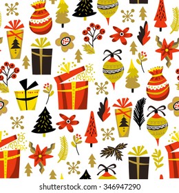 Christmas pattern of gift boxes, christmas trees, snowflakes and lora elements.
