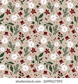 Padrão de Natal para design de presente e embalagem, bonecos de neve engraçados e azevinho.