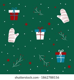 christmas pattern with gifts, mittens, stars and snow. vector illustration