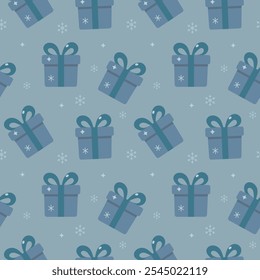 Christmas pattern with christmas gifts, snowflakes on a blue background. Seamless background perfect for use in textiles, wallpapers, and festive decorations.