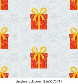 Christmas pattern with christmas gifts, snowflakes on a blue background. Seamless background perfect for use in textiles, wallpapers, and festive decorations.