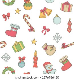 Christmas pattern with gifts, snowmen and decorations. Hand-drawn seamless pattern.