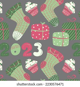 Christmas pattern with gifts, socks, cakes and numbers