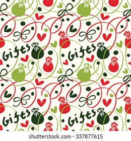 Christmas pattern with gifts, streamers, confetti.