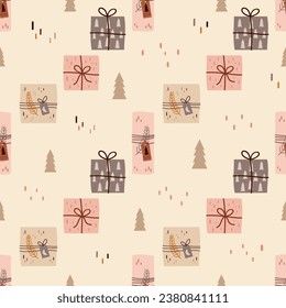 Christmas pattern with christmas gifts and trees. Festive background with hand drawn elements, vector illustration