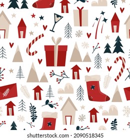 Patrón navideño con regalos, árboles y montañas al estilo escandinavo. Ilustración de material vectorial