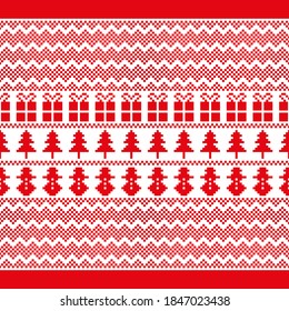 Christmas pattern with gifts, trees and snowmen. Vector illustration.