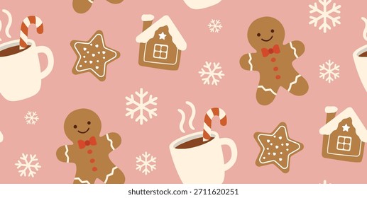 Padrão de Natal com pão de gengibre e cacau. Padrão contínuo. Papel de embrulho rosa. Ornamento para uma cafeteria.