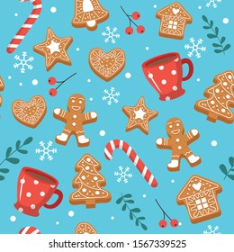 Christmas pattern with gingerbread cookies, cups and candy cane. Cute elements. Vector illustration in flat style
