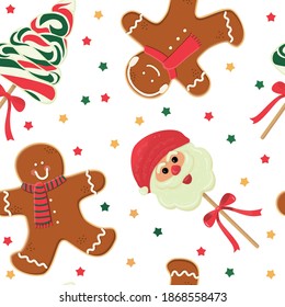 Weihnachtsmuster mit Lebkuchen und Lollipops. Winterurlaub Süße nahtloses Muster. Gemütliche Textur für Stoffe, Geschenkpapier. Vektorgrafik