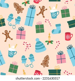 Christmas pattern with gingerbread, gifts and clothes. Christmas background for wrapping, fabric, wallpaper.