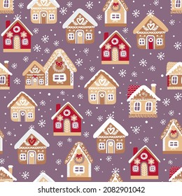 christmas pattern with gingerbread houses on a purple background with red beige brown houses with snow and snowflakes