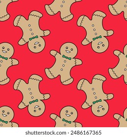  christmas pattern gingerbread man and candy isolated on red background , seamless all over , kids pattern 