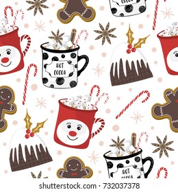 Christmas pattern with gingerbread man, candy, mug, pudding and snow. Vector illustration. Template for Greeting Scrapbooking, Congratulations, Invitations.