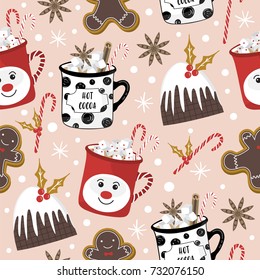 Christmas pattern with gingerbread man, candy, mug, pudding and snow. Vector illustration. Template for Greeting Scrapbooking, Congratulations, Invitations.