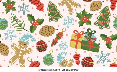 Christmas pattern with gingerbread man and holly berry, snowflakes and gifts on a light background. Winter holidays seamless background 