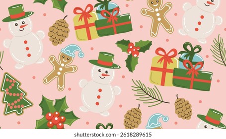 Christmas pattern with gingerbread man and holly berry, snowman and gifts on a pink background. Winter holidays seamless background perfect for use in packaging, wallpapers, and festive decorations.