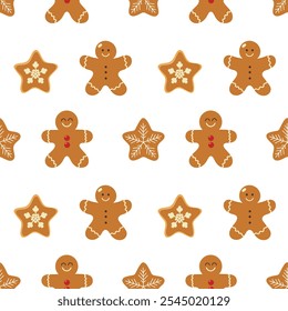 Christmas pattern with gingerbread man on a light background. Seamless background perfect for use in textiles, wallpapers, and festive decorations.