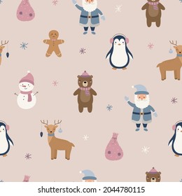 The Christmas pattern. Gingerbread man, penguin, bear, Santa Claus, snowman, deer. Vector illustration