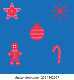 christmas pattern with gingerbread man, christmas toy, star, lollipop, snowflake on blue background