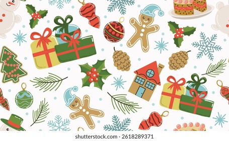 Christmas pattern with gingerbread man, toys and holly berry, snowflakes and gifts on a light background. Seamless background perfect for use in packaging, wallpapers, and festive decorations.