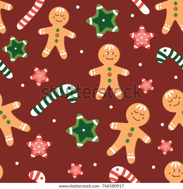 Christmas Pattern Gingerbread Men Candy Stars Stock Vector