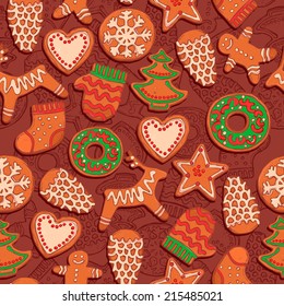 christmas pattern with gingerbread, new year cookies background