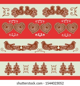 Christmas pattern of Gingerbreads on a red background with ginger houses, hearts, fir trees, birds in brown, red, white colors with stripes.Vector seamless illustration for fabric, wallpaper, wrapping