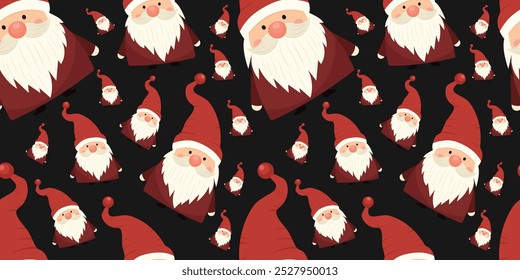 Christmas pattern with gnome Santa on dark isolated background. Vector Santa in children's Christmas cartoon style. For characters children's books, comics, children's textiles.