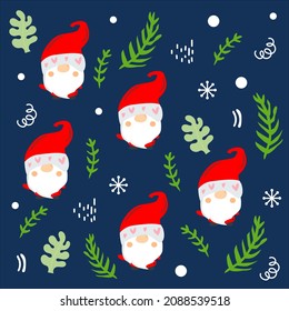 Christmas  pattern with gnomes, leaf and decoration, winter seasonal design on a dark blue background. 