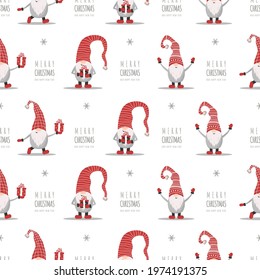 Christmas pattern with gnomes in red hats. Cute scandinavian elves. Vector illustration in cartoon style. New year design for wrapping paper, textiles, fabric.