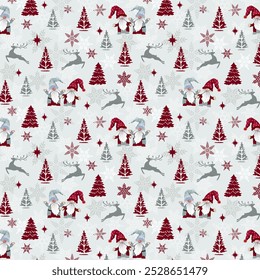 Christmas pattern with gnomes.Vector seamless pattern with gnomes, deer and fir trees on a light background with snowflakes.