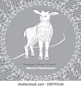 Christmas pattern with goat. White goatling kid on gray background and Marry Christmas, Happy New Year. Goat year. Greeting card. Vector illustration. EPS10