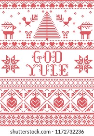 Christmas pattern God Yule  vector seamless pattern inspired by Nordic culture festive winter in cross stitch with heart, snowflake, snow ,Christmas tree, reindeer, Robin bird in red and white 