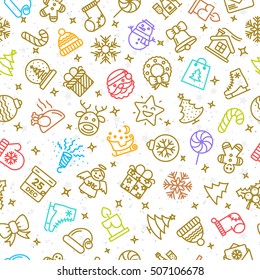 Christmas pattern gold and color line icons such as santa, deer, christmas ball, gift, snowflake on snow holiday background. Happy New Year. Vector Illustration