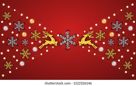 Christmas pattern gold deer, silver and golden snowflakes. Happy New Year red background. Xmas decoration. Template for greeting card, banner or poster. Vector illustration.