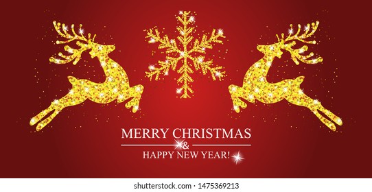Christmas pattern gold deer and snowflake. Happy New Year red background. Xmas decoration with reindeer. Template for greeting card, banner or poster. Vector illustration.