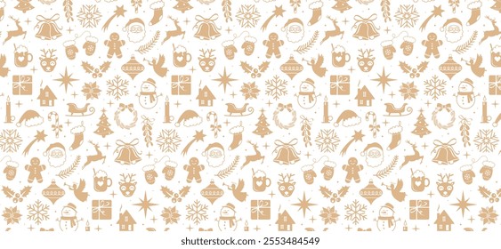 Christmas pattern, gold holidays background with decorations