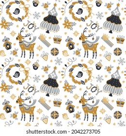 Christmas pattern, gold texture, christmas tree, gift boxes, ginger cookies, snowflakes. Seamless pattern for fabric, wallpaper, apparel. Vector.
