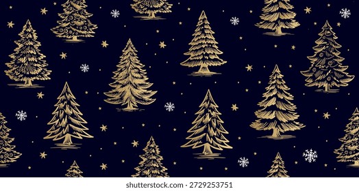 Christmas pattern with gold tree on blue, hand drawn illustrations	