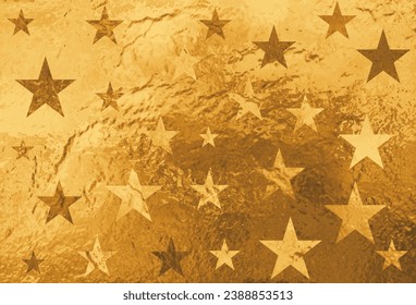 Christmas pattern with gold vector stars on gold glass background. Holiday background.  Winter illustration for cover design, card, invitations, poster. Happy New Year!