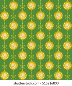 Christmas pattern with golden balls and bows on green background
