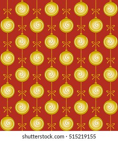 Christmas pattern with golden balls and bows on red background

